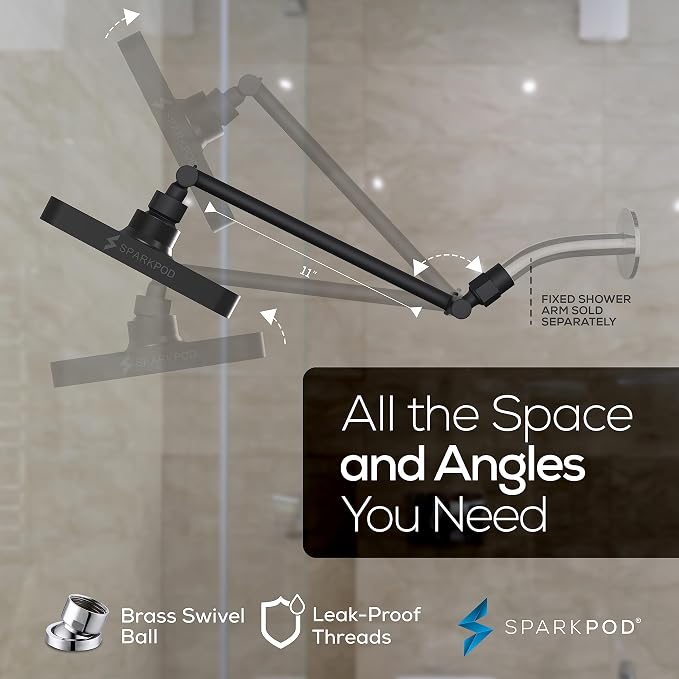 SparkPod 6" Square Rain Shower Head with 11" Shower Arm | Shower Head & Extension Arm Combo, Height Adjustable, High Pressure Performance, Easy 1-Minute Installation, Black Matte