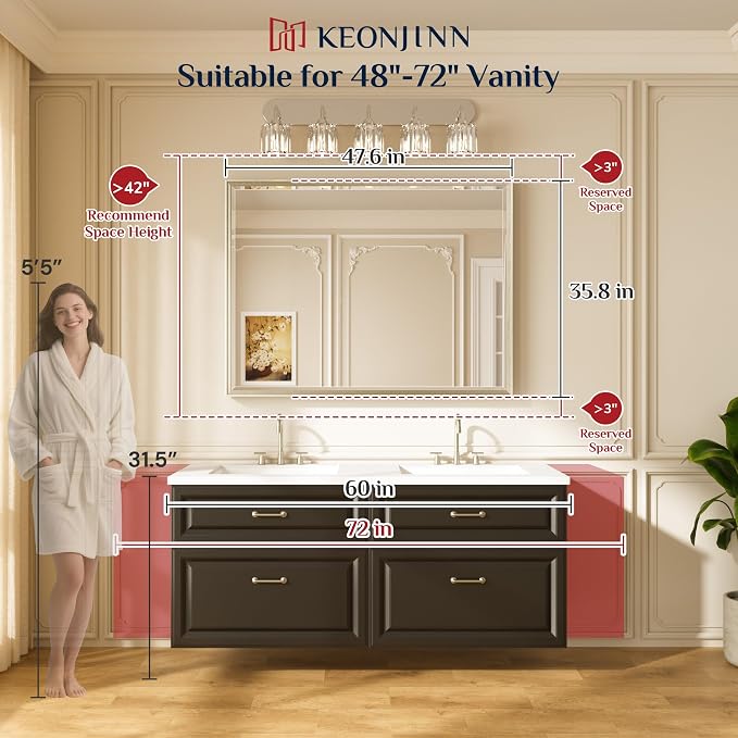 Keonjinn 48"x36" Brushed Nickel Bathroom Vanity Mirror Wall, Aluminum Alloy | HD Tempered Glass with Beveled Edge, Secure French Cleat, Shatterproof, Silver Framed Bathroom Mirrors for Over Sink, Hallway