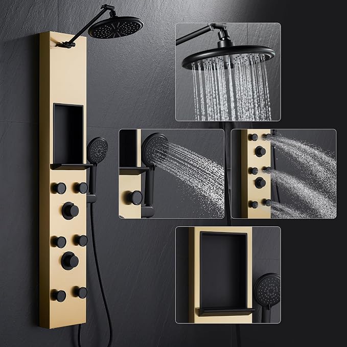 POPFLY Shower Panel Tower System with Shelf, Adjustable Shower Arm Height 8-inch Rainfall Head System, Stainless Steel Shower Panel, 6 Body Jets and 5-Setting Handheld Shower, Brushed Gold