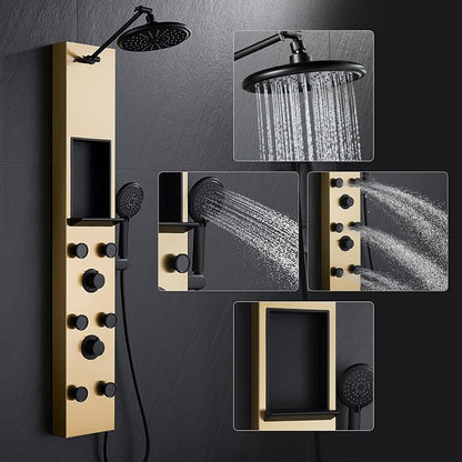 POPFLY Shower Panel Tower System with Shelf, Adjustable Shower Arm Height 8-inch Rainfall Head System, Stainless Steel Shower Panel, 6 Body Jets and 5-Setting Handheld Shower, Brushed Gold