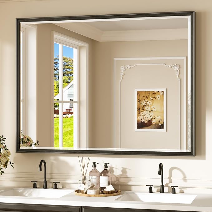 Keonjinn 48" x 36" Black Framed Bathroom Mirror, Rustproof Aluminum Alloy | HD Tempered Glass with Beveled Edge, Secure French Cleat Installation, Large Black Bathroom Vanity Mirror for Over Sink