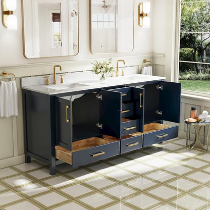 72-Inch Bathroom Vanity with Sink, 4 Soft-Close Doors and 6 Soft-Close Drawers, Bathroom Freestanding Vanity with Cultured Marble Countertop, Navy Blue Vanity W/Gold Handles