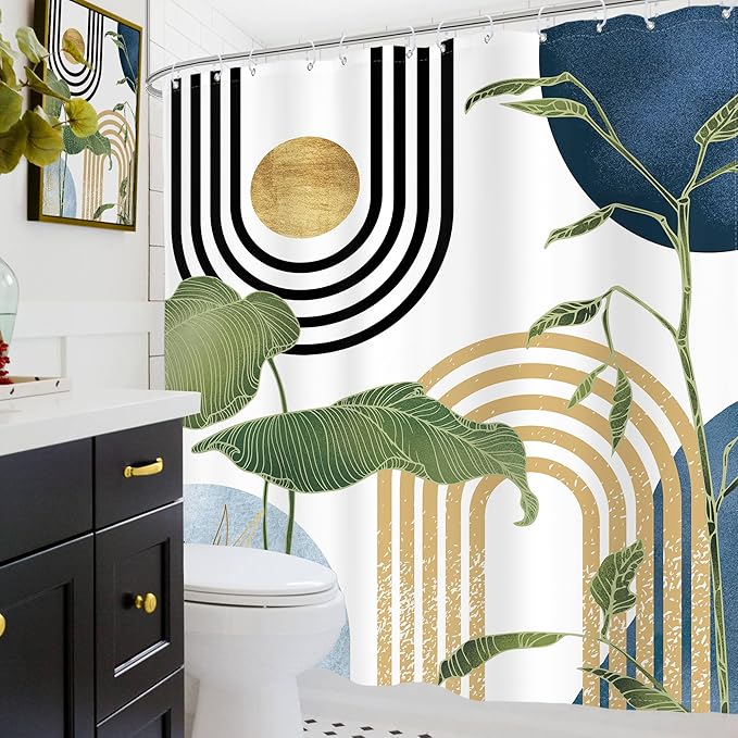 Glawry Navy Blue Boho Shower Curtain Abstract Mid Century Light Blue Tropical Palm Tree Sun Arch Plant Minimalist Bathroom Modern 72Wx78L Inches Bath Accessories Art Home Decor Fabric 12 Pack Hook