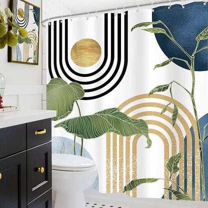Glawry Navy Blue Boho Shower Curtain Abstract Mid Century Light Blue Tropical Palm Tree Sun Arch Plant Minimalist Bathroom Modern 72Wx78L Inches Bath Accessories Art Home Decor Fabric 12 Pack Hook