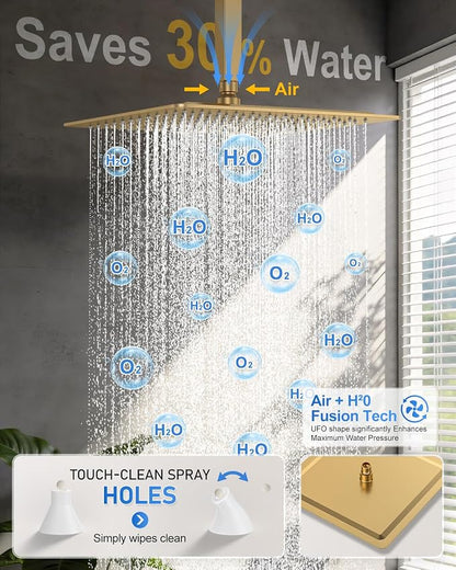 Woindo 4 Function Shower Faucet Set 12" Rain Shower Head/6'' Side Shower Head and 3 Setting Handheld Ceiling Mount Push Button Diverter Complete Rainfall Round Shower System Included Valve Trim Kit