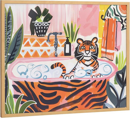 Kate and Laurel Bold Maximalist Tiger in Bubble Bath Framed Wall Art by The Creative Bunch Studio, 20x16 Gold, Cute Animal Bathroom Art for Wall