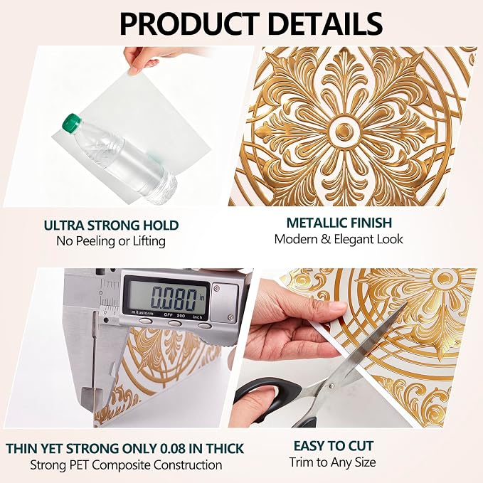 48 Pack 3D Metallic Peel and Stick Backsplash Tiles, 8"x8" Self Adhesive Wall Panels for Kitchen Bathroom, Waterproof Decorative Tiles for Renters and DIY, Easy Install, Cream Gold Relief Floral