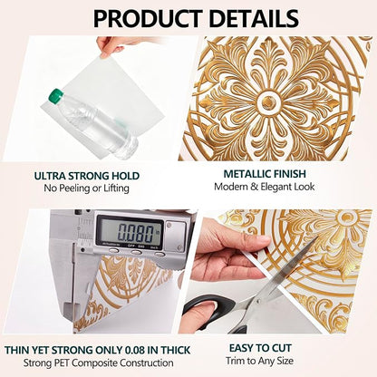 48 Pack 3D Metallic Peel and Stick Backsplash Tiles, 8"x8" Self Adhesive Wall Panels for Kitchen Bathroom, Waterproof Decorative Tiles for Renters and DIY, Easy Install, Cream Gold Relief Floral