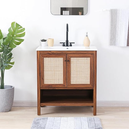 JONATHAN Y VAN1024B Jasper 30 in. W x 18 in. D x 33 in. H Rattan Modern Coastal 2-Shelf Bathroom Vanity Cabinet Only with Soft Closing Doors (Sink Basin Not Included), Walnut