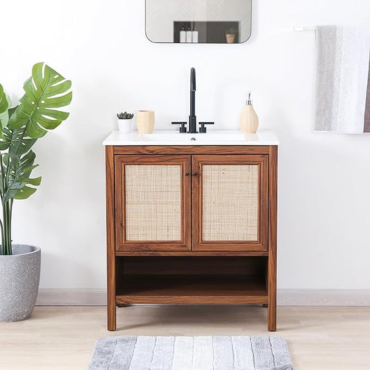 JONATHAN Y VAN1024B Jasper 30 in. W x 18 in. D x 33 in. H Rattan Modern Coastal 2-Shelf Bathroom Vanity Cabinet Only with Soft Closing Doors (Sink Basin Not Included), Walnut