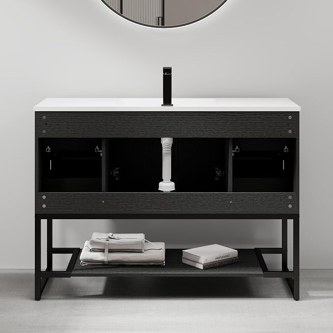 LUCKWIND 48" Modern Bathroom Vanity with Single White Sink Combo, Freestanding Storage Cabinet with Metal Frame, Matte Black Faucet and Open Shelf and 2 Soft-Closing Door, Black
