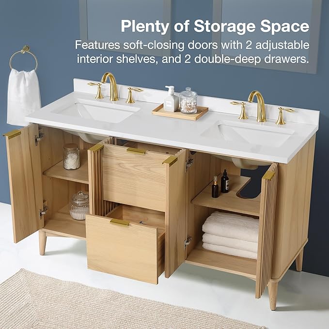 OVE Decors Indy 60 in. Undermount Double Sink Bathroom Vanity with White Engineered Marble Top, Rustic Ash