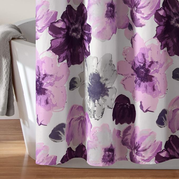 Lush Decor Leah Floral Shower Curtain, 72" W x 72" L, Gray/Purple - Fabric Shower Curtains - Watercolor Botanical Bathroom Curtain - Farmhouse & French Country Decor