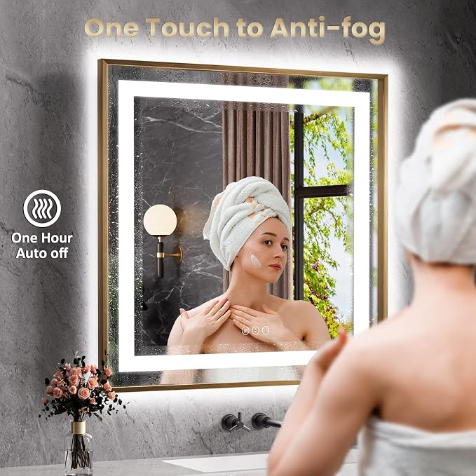36"X30" LED Bathroom Mirror with Front Lit and Backlit(Brushed Gold) | Metal Framed Mirror, Stepless Dimmable, Anti-Fog, HD Reflection, Shatter-Proof, Memory, 3 Colors, Double LED Vanity Mirror.