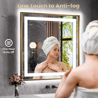 24"X36" LED Bathroom Mirror with Front Lit and Backlit(Brushed Gold) | Metal Framed Mirror, Stepless Dimmable, Anti-Fog, HD Reflection, Shatter-Proof, Memory, 3 Colors, Double LED Vanity Mirror.