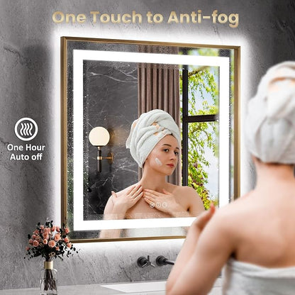 48"X40" LED Bathroom Mirror with Front Lit and Backlit(Brushed Gold) | Metal Framed Mirror, Stepless Dimmable, Anti-Fog, HD Reflection, Shatter-Proof, Memory, 3 Colors, Double LED Vanity Mirror.