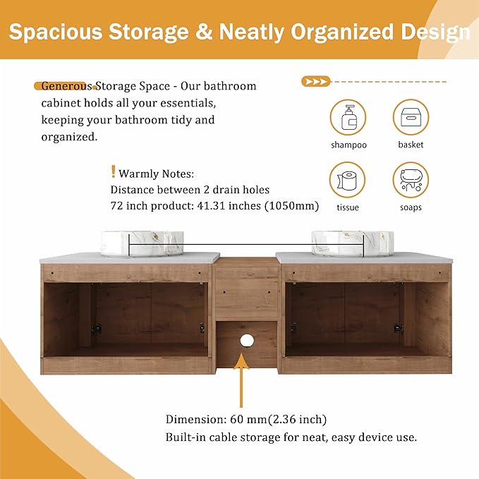 Malwee 72" Floating Bathroom Vanity with Sink, 72 Inch Wall Mounted Bathroom Cabinet Combo, Modern Double Sink Bath Storage Vanity Set, with 4 Soft Close Doors and Ceramic Vessel Basin Top(72-PP