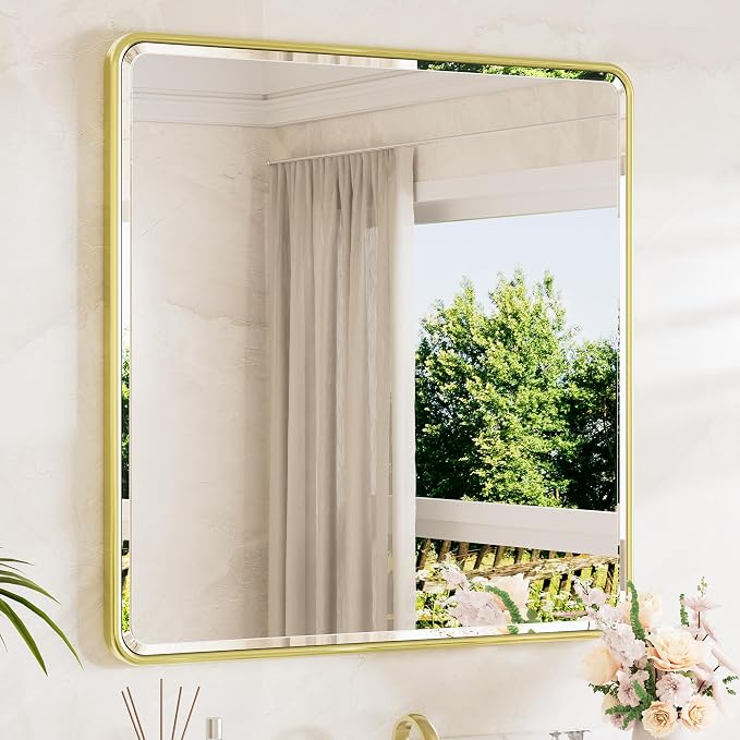 Brushed Gold Vanity Mirror for Bathroom 36 x 36 Beveled Edge Tempered Glass, Rounded Corner Rectangle Wall Mirror for Modern Bathroom, Living Room, Bedroom, Entryway