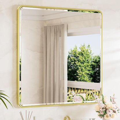 Brushed Gold Vanity Mirror for Bathroom 36 x 36 Beveled Edge Tempered Glass, Rounded Corner Rectangle Wall Mirror for Modern Bathroom, Living Room, Bedroom, Entryway