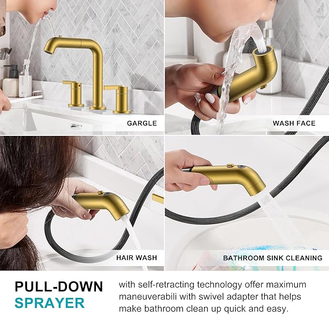 KENES Brushed Gold Pull Down Bathroom Faucet, 8 Inch 2 Handle Widespread Bathroom Faucet 3 Hole with Pull Out Sprayer, Bathroom Sink Faucet with Pop Up Drain & Supply Lines LJ-9058A-4