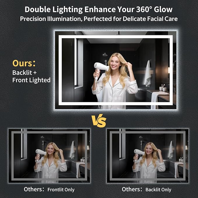 60"x40" LED Bathroom Mirror with Lights, Backlit+Frontlit, Anti-Fog | CRI 95, Stepless Dimmable, 3 Colors Lighting, Shatterproof Tempered Glass, HD Reflection, Memory, (Horizontal/Vertical)