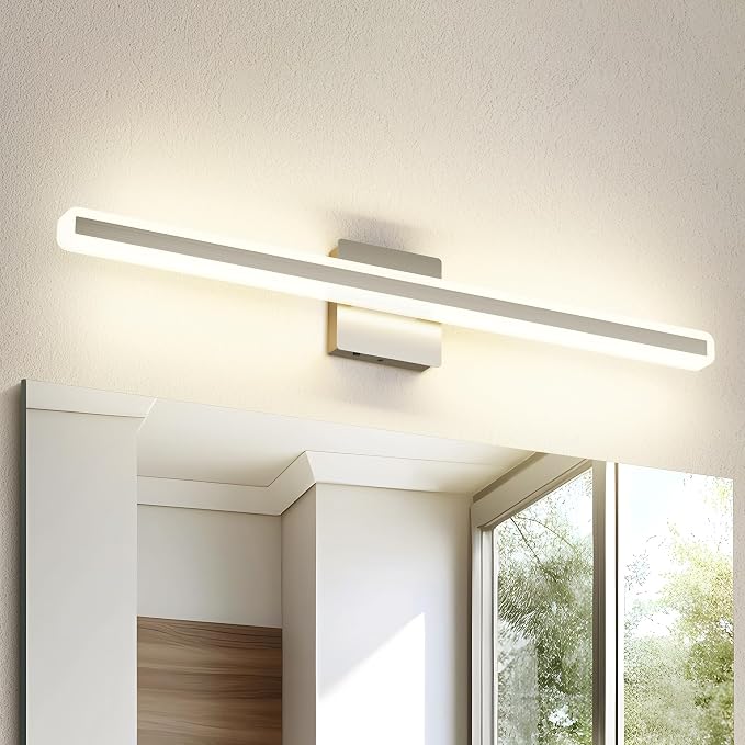 JUSHENG Brushed Nickel Vanity Lights for Bathroom, 5CCT Dimmable Vanity Light Bar, Modern LED Bathroom Lighting Fixtures Above Mirror 32'' Inch 24W