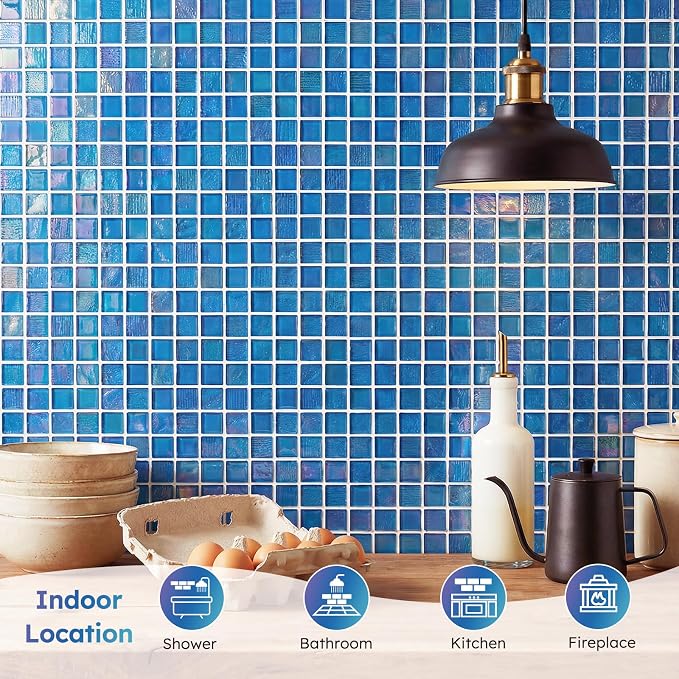 Pool Glass Mosaic Tiles, Iridescent Blue, 1 Inch Sqaure, 5 Sheets | Glass Tile for Swimming Pool, Kitchen Backsplash, Shower, Bathroom Wall, Waterline, Fountain