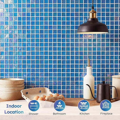 Pool Glass Mosaic Tiles, Iridescent Blue, 1 Inch Sqaure, 5 Sheets | Glass Tile for Swimming Pool, Kitchen Backsplash, Shower, Bathroom Wall, Waterline, Fountain