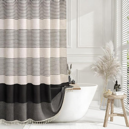 Black Boho Linen Striped Shower Curtain with Tassel 72" W X 72" L | Boho Farmhouse Shower Curtains with Linen Texture for Bathroom Decor