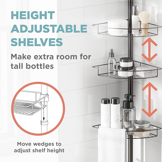 Zenna Home Tension Pole Shower Caddy Corner Organizer, Adjustable Standing Shower Caddy with 4 Baskets and Towel Bar, Rust Resistant Bathroom Tension Rod Organizer, 60 to 97 Inch, Bronze