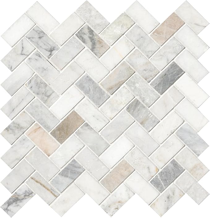 MSI Arabescato Venato White 1 in. x 2 in. Herringbone Honed Marble Mesh Mounted Mosaic Tile for Bathroom, Kitchen Backsplash, Accent Wall Tile, and Shower Wall Tile