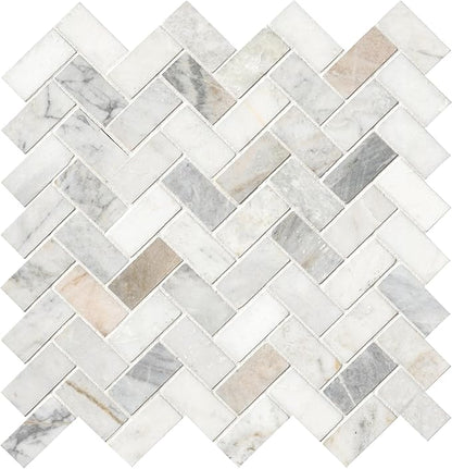 MSI Arabescato Venato White 1 in. x 2 in. Herringbone Honed Marble Mesh Mounted Mosaic Tile for Bathroom, Kitchen Backsplash, Accent Wall Tile, and Shower Wall Tile