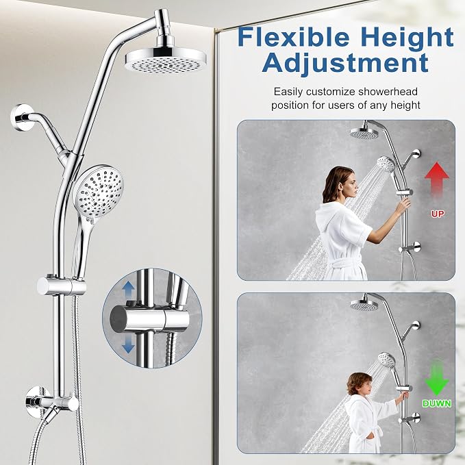 BRIGHT SHOWERS Rain Shower Head with Handheld Combo, Dual Shower System with Slide Bar, Rain Shower System, Adjustable Height, Brass Slide Bar & Diverter, 60 Inch Stainless Steel Hose, Chrome