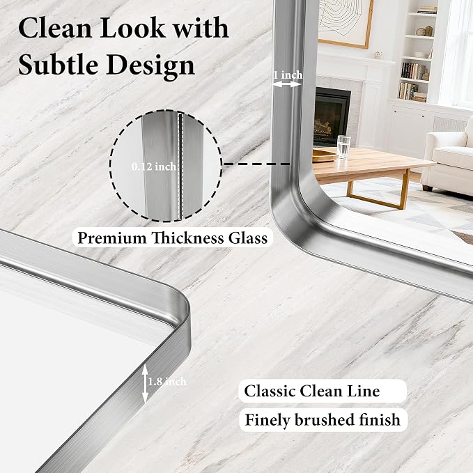 48X30 Inch Silver Metal Framed Bathroom Mirror for Wall,HD Tempered Glass | Matte Framed Rounded Rectangular Modern Mirrors for Over Sink, Anti-Rust, Farmhouse, Hangs Horizontally or Vertically