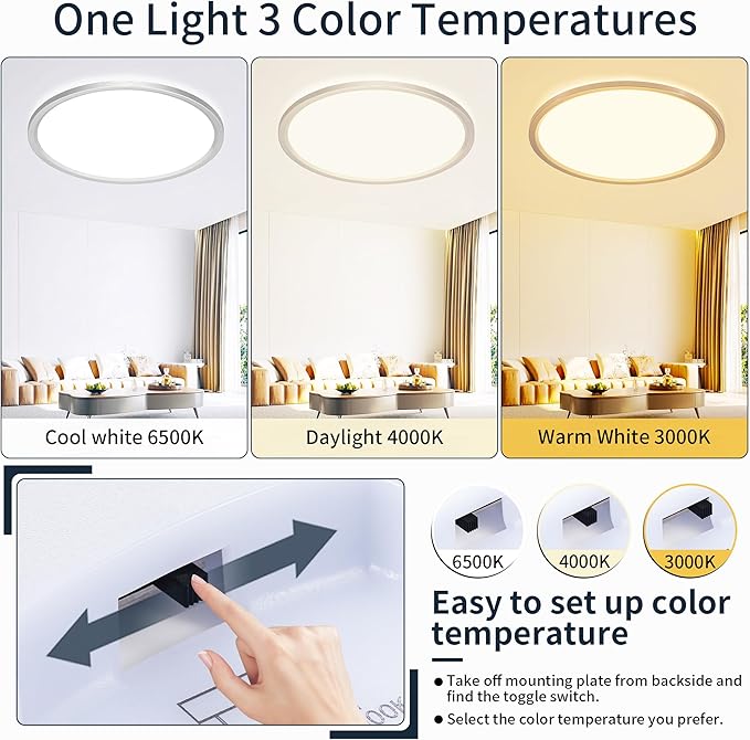 MOONSEA Flush Mount LED Ceiling Light Fixture Brushed Nickel 20 Inch, 42W Dimmable 3000K-4000K-6500K 3 Color Selectable Ceiling Lamp 4200LM Low Profile Ceiling Light for Kitchen Bedroom Hallway
