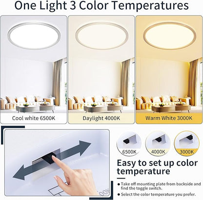 MOONSEA Flush Mount LED Ceiling Light Fixture Brushed Nickel 32W, 16 Inch Dimmable 3000K-4000K-6500K 3 Color Selectable Ceiling Lamp 3200LM Low Profile Ceiling Light for Kitchen Bedroom Hallway