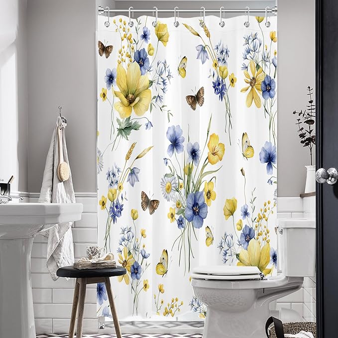 HVEST Farmhouse Floral Shower Curtain with Hooks, Blue and Yellow Flower and Butterfly on White Shower Curtain for Bathroom, Rustic Wildflower Bathroom Curtains Shower Set, 48X72 inch