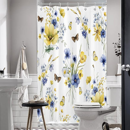 HVEST Farmhouse Floral Shower Curtain with Hooks, Blue and Yellow Flower and Butterfly on White Shower Curtain for Bathroom, Rustic Wildflower Bathroom Curtains Shower Set, 48X72 inch