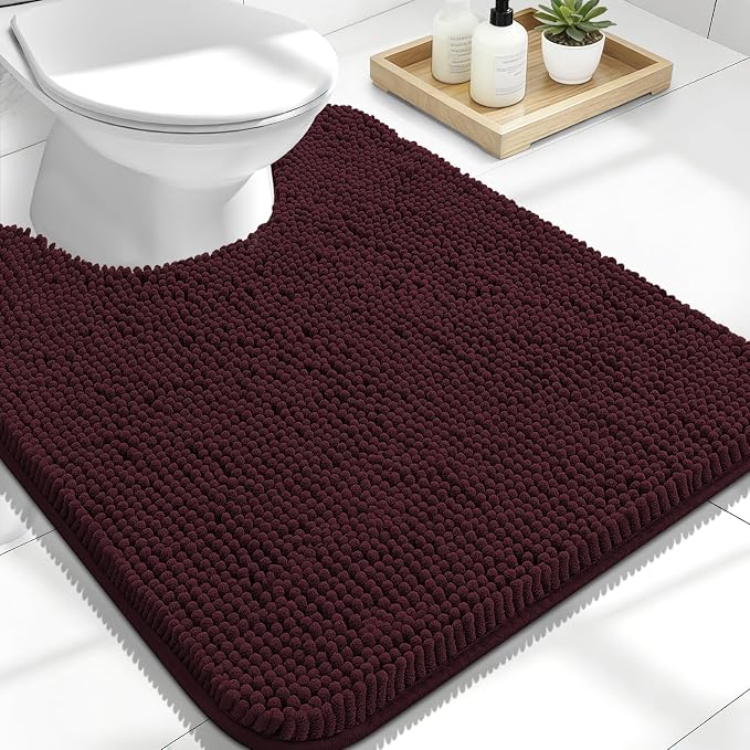 OLANLY Toilet Rugs U-Shaped 24x20, Soft Absorbent Chenille Contour Rugs | Black Cherry, Quick-Drying Rubber Backing, Machine Washable Non-Slip Shaggy Bathroom Mat for Toilet, Home Decor Accessories