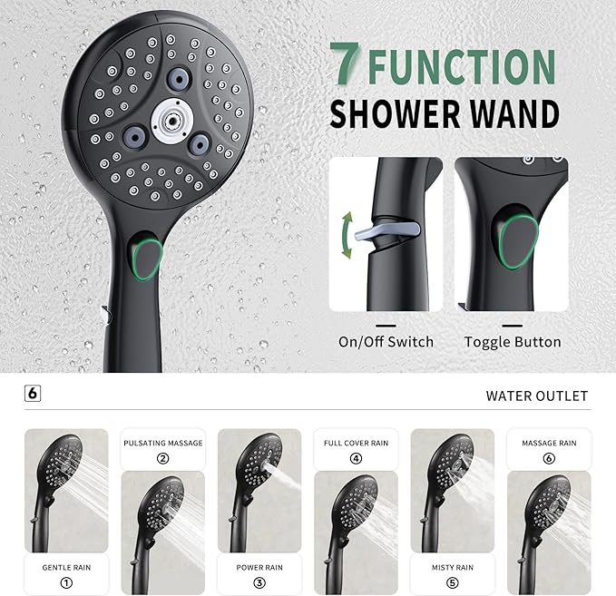 Suncleanse Black Shower Faucet Sets - 8.5" Rain Shower Head Combo with 7-Setting handheld Spray Complete Shower System - Rainfall Shower Fixtures with Rough-in Valve and Trim Kit for Luxury Bathroom