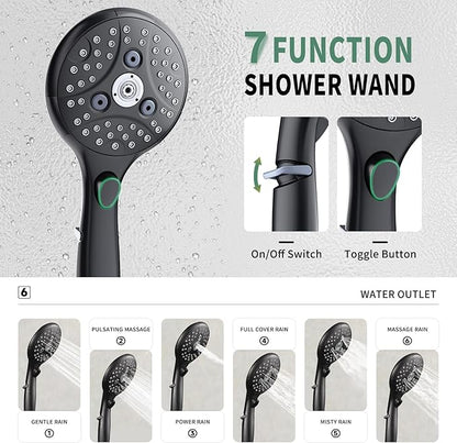 Suncleanse Black Shower Faucet Sets - 8.5" Rain Shower Head Combo with 7-Setting handheld Spray Complete Shower System - Rainfall Shower Fixtures with Rough-in Valve and Trim Kit for Luxury Bathroom