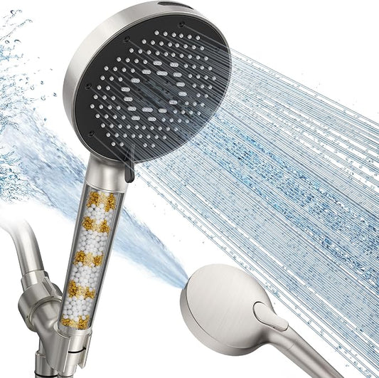 SR SUN RISE NSF Certified Filtered Shower Head with Handheld for Hard Water to Remove Chlorine High Pressure 9-Spray Setting (with Power Wash) Anti-Clog Nozzles(1Filter, Brushed Nickel)