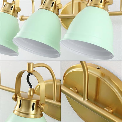 JONATHAN Y 25.5" Mint Green/Brass Gold 3-Light LED Vanity Light, Adjustable Wall Sconce for Bathroom Mirror, Farmhouse Bohemian Kitchen Light, Iron Black Bell Shade (JYL1116D)