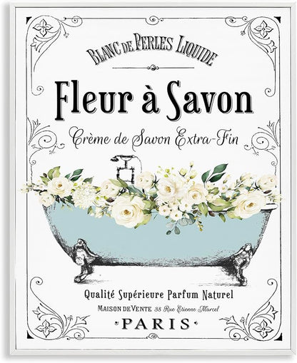 Stupell Industries 'Vintage Parisian Bathroom Advertisement Floral Blue Tub', Framed Giclee Art, White, 11 x 14 Inches, Easy to Hang and Sturdy, Made in USA, by Lettered and Lined