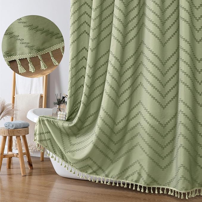 Boho Shower Curtain, Light Green Fabric Cloth Shower Curtains Farmhouse Tufted Chevron Striped Textured with Tassel for Bathroom, Soft Hotel Style Modern Minimalist, Machine Washable, 72x72