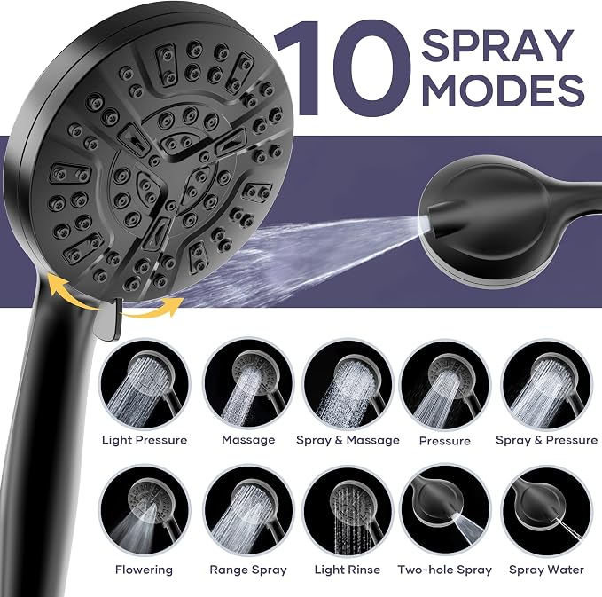 Shower Head with Handheld Spray Combo, Dual Rain Shower Head | High Pressure Performance, 10-Mode Spray Options, Replaceable Filter, Flexible 67" Hose, Durable Black Finish