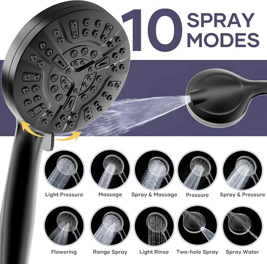 Shower Head with Handheld Spray Combo, Dual Rain Shower Head | High Pressure Performance, 10-Mode Spray Options, Replaceable Filter, Flexible 67" Hose, Durable Black Finish