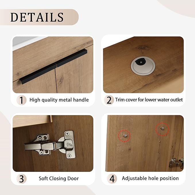 SSLine 30-Inch Bathroom Vanity with Sink Mid-Century Bathroom Vanities with Top Basin Floor Wood Bathroom Sink Cabinet with Soft-Close Doors & Adjustable Storage Shelves (Natural Brown)