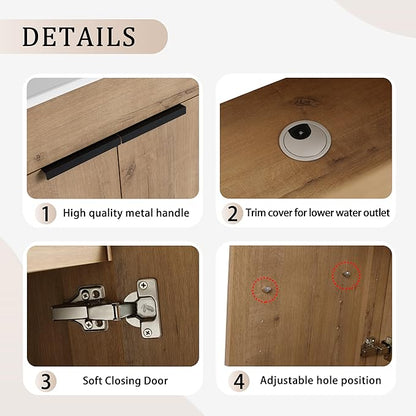 SSLine 24-Inch Bathroom Vanity with Sink Mid-Century Bathroom Vanities with Top Basin Floor Wood Bathroom Sink Cabinet with Soft-Close Doors & Adjustable Storage Shelves (Natural Brown)