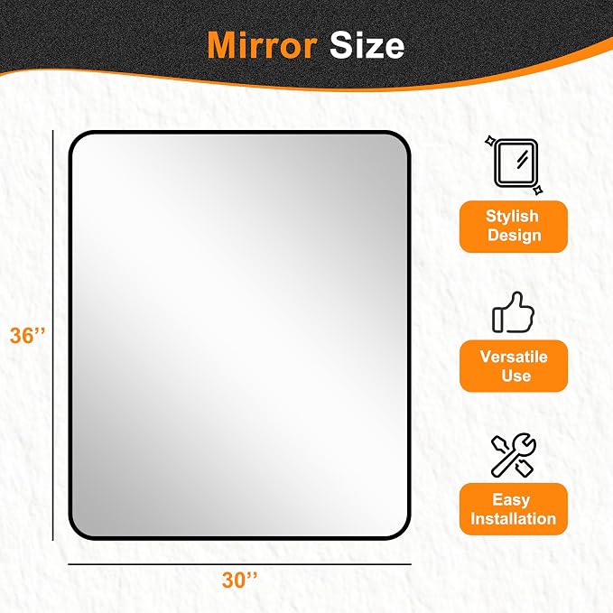 Bathroom Vanity Mirror, Black Framed Mirror for Over Sink, 36x30 | HD glass, distortion-free for makeup and grooming, Sturdy frame, all mounting hardware, hangs horizontal or vertical